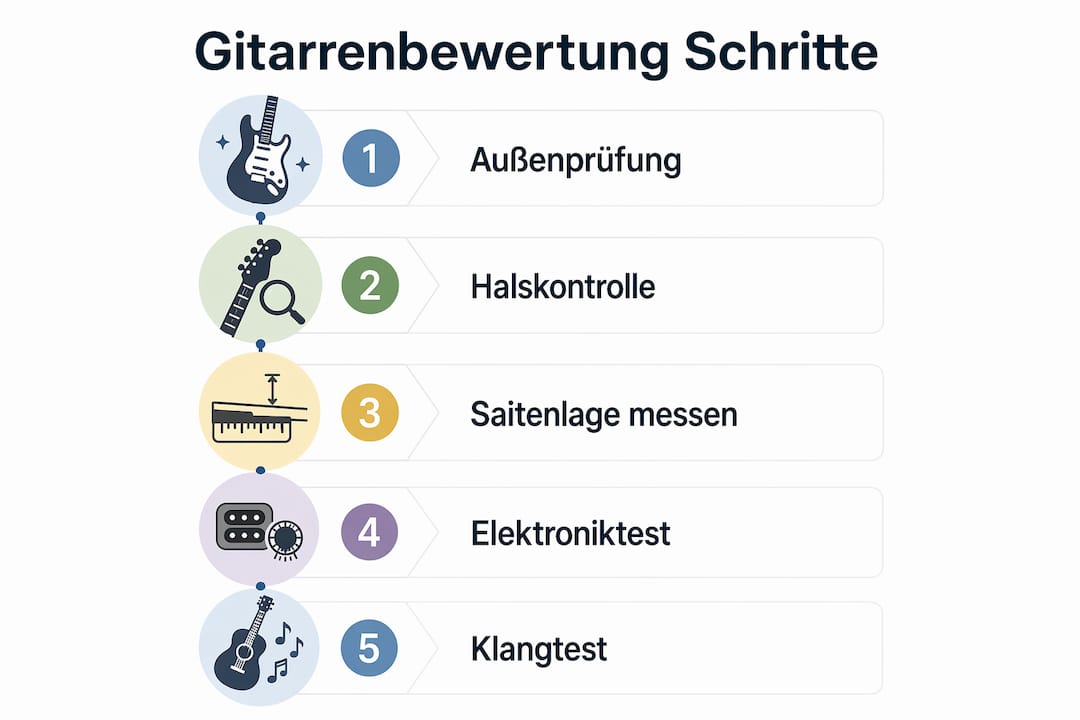 Grafik: Die fünf wichtigsten Schritte zur Bewertung einer Gitarre auf einen Blick