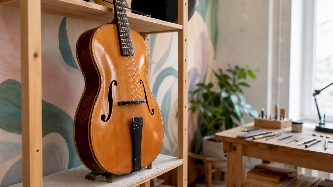 Nahaufnahme der Archtop-Gitarre: Decke und verwendete Werkzeuge im Fokus