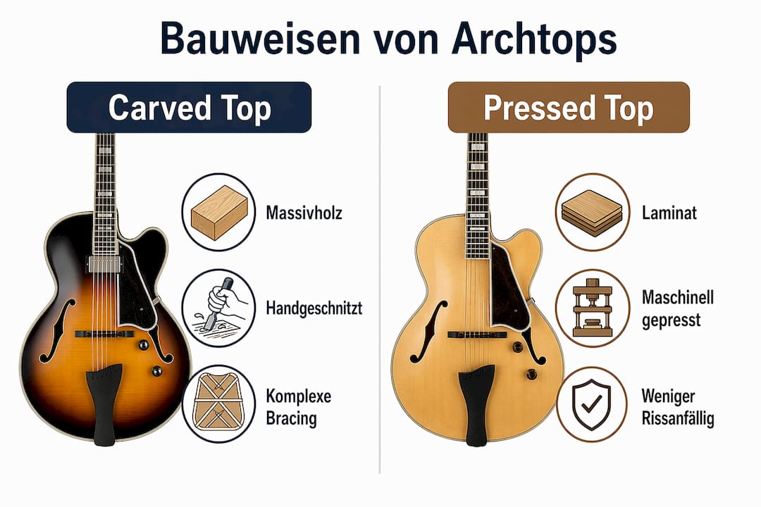 Infografik: Gegenüberstellung verschiedener Bauarten von Archtop-Gitarren
