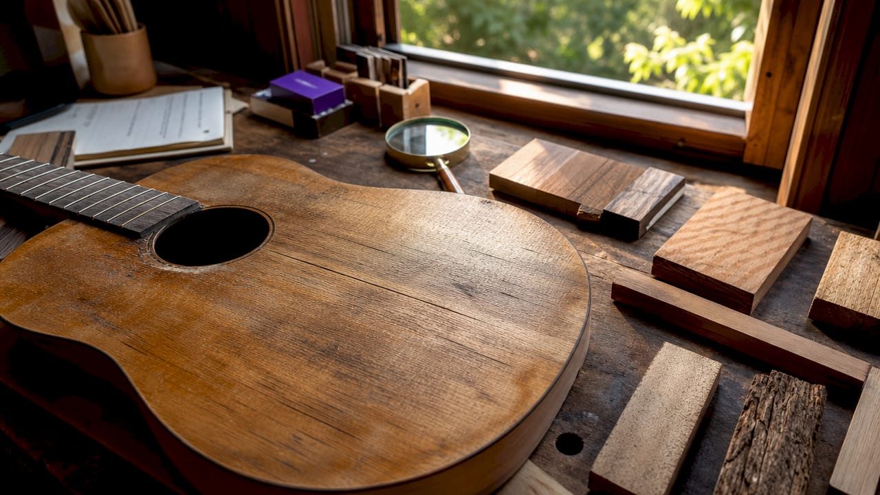 Detailed acoustic guitar soundboard wood texture