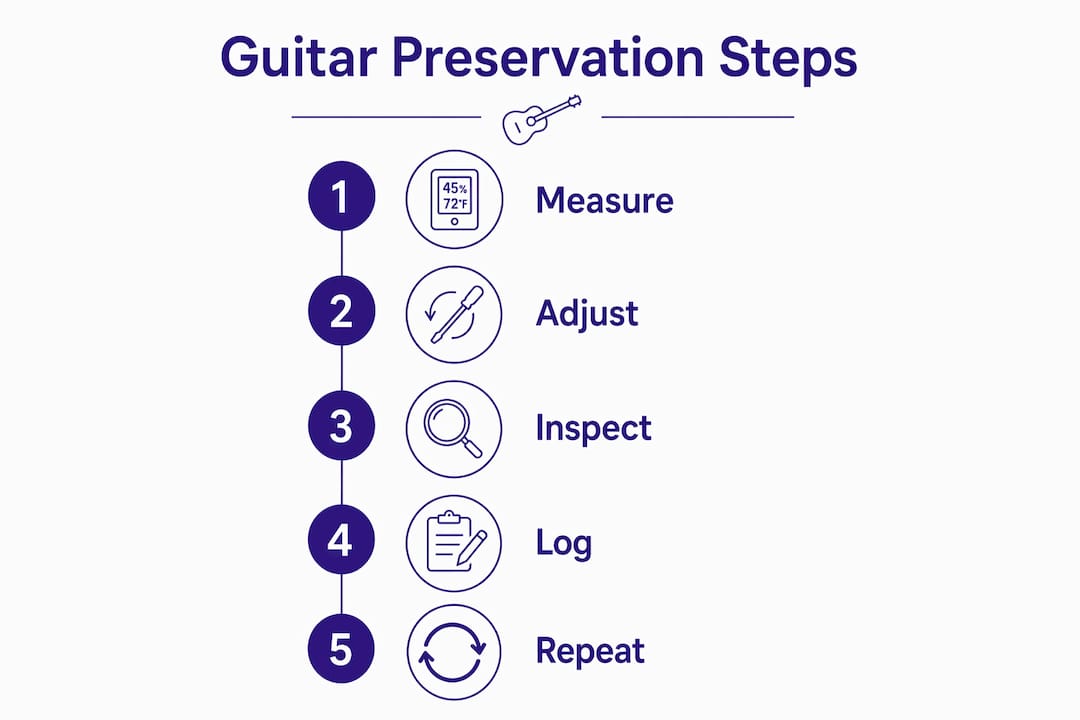 Infographic detailing guitar humidity control process steps