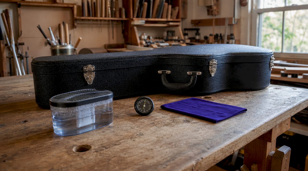 Close-up of guitar humidity control tools on workbench