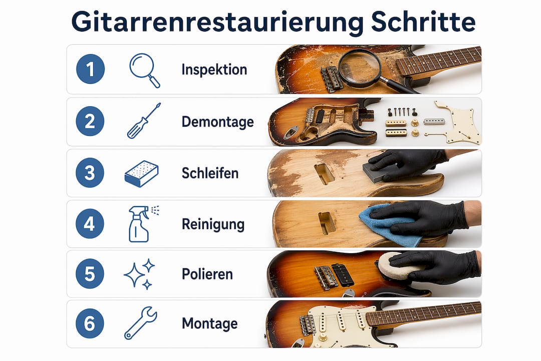 Übersichtlicher Ablaufplan zur Restaurierung von Gitarren – alle Arbeitsschritte auf einen Blick