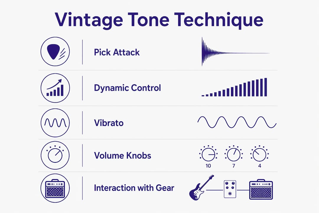 Infographic illustrating key vintage guitar playing techniques
