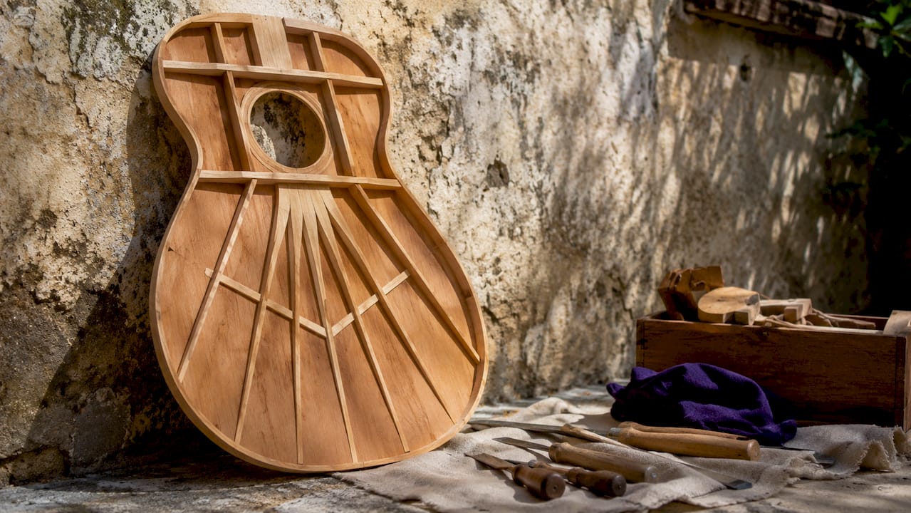 Close-up of Spanish guitar cedar soundboard