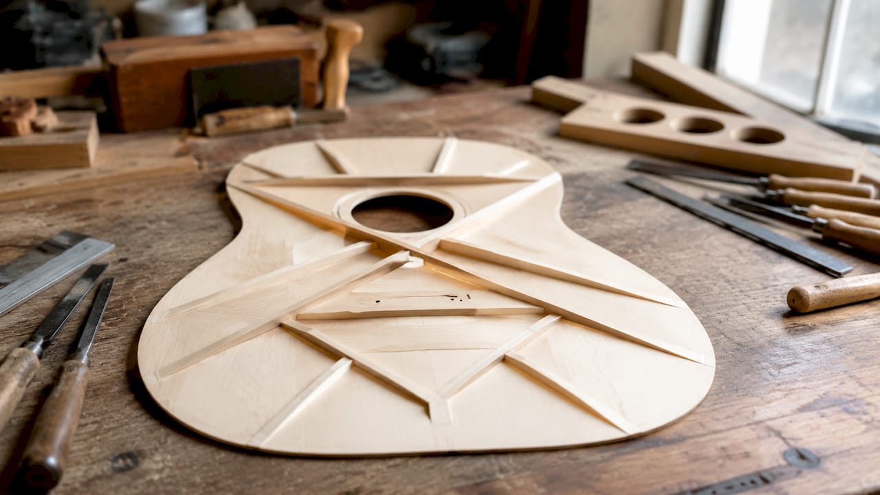 Detailaufnahme des Innenlebens einer Akustikgitarre: Bracing und Holzmaserung im Fokus.