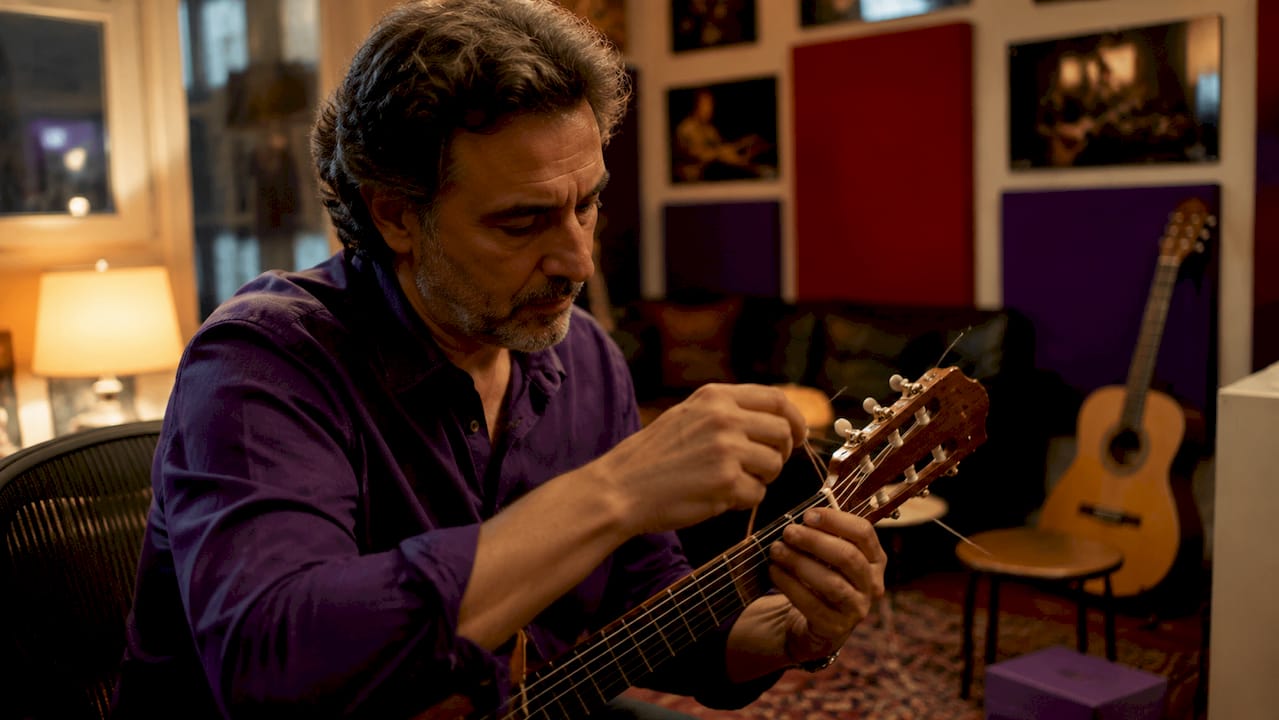 Close-up of hands winding flamenco guitar strings