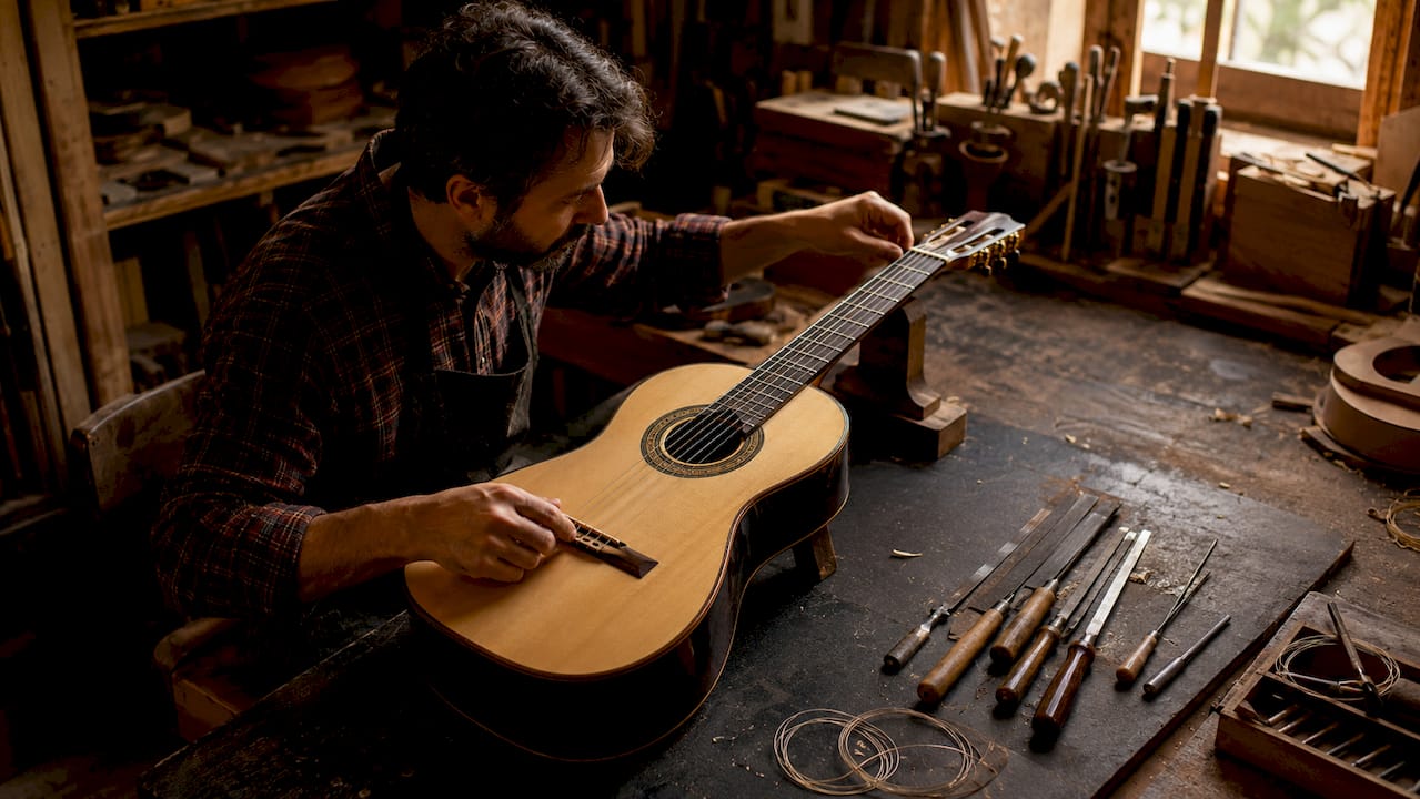 Ein Fachmann passt die Sattelbreite einer klassischen Gitarre individuell an.
