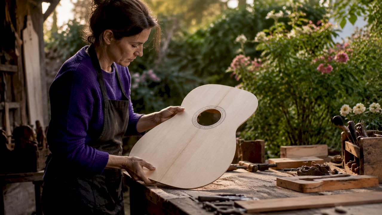 Hands inspecting acoustic guitar wood quality
