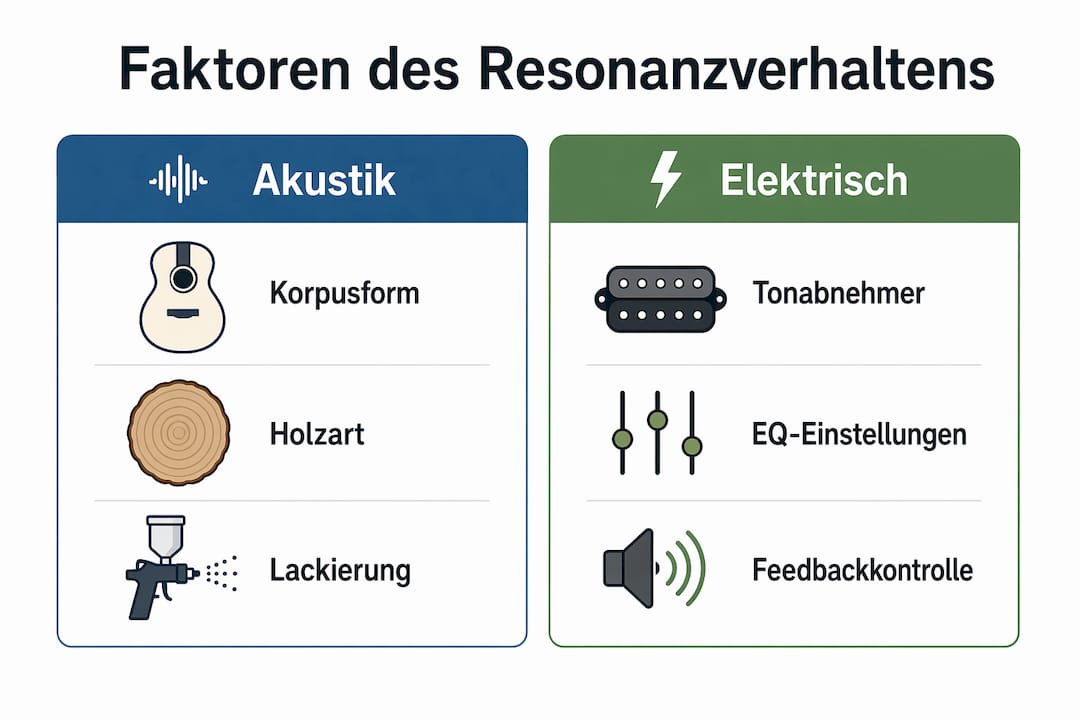 Grafik veranschaulicht, welche Faktoren den Klang einer Gitarre beeinflussen.