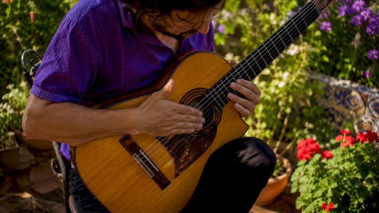 Close-up of hands tapping flamenco guitar golpeador