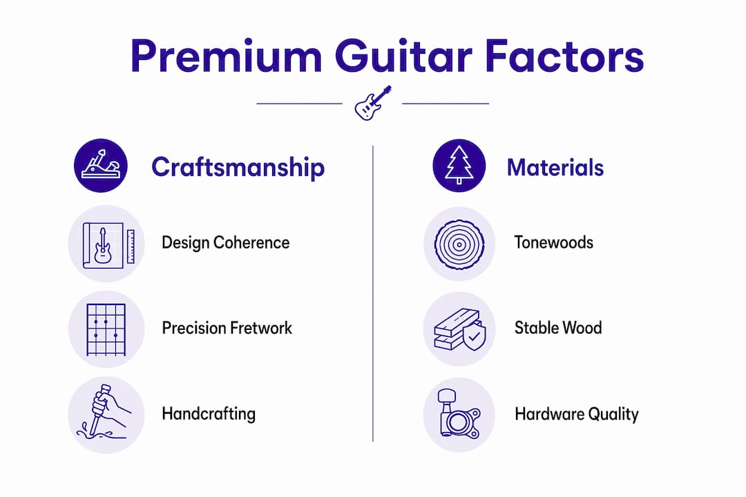 Infographic showing premium guitar craftsmanship and materials