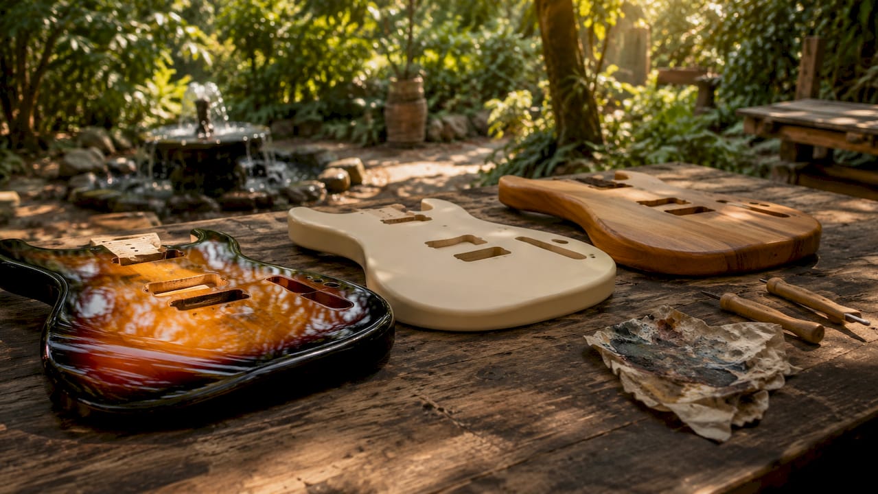 Detailaufnahme verschiedener Lackierungen von Vintage-Gitarren, arrangiert auf einem Holztisch