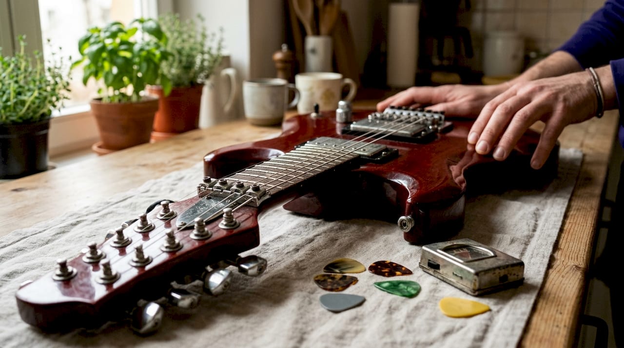 Close-up of premium guitar hardware parts