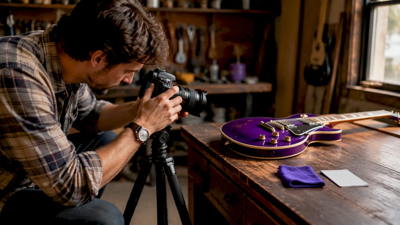 Hands adjusting camera settings photographing guitar