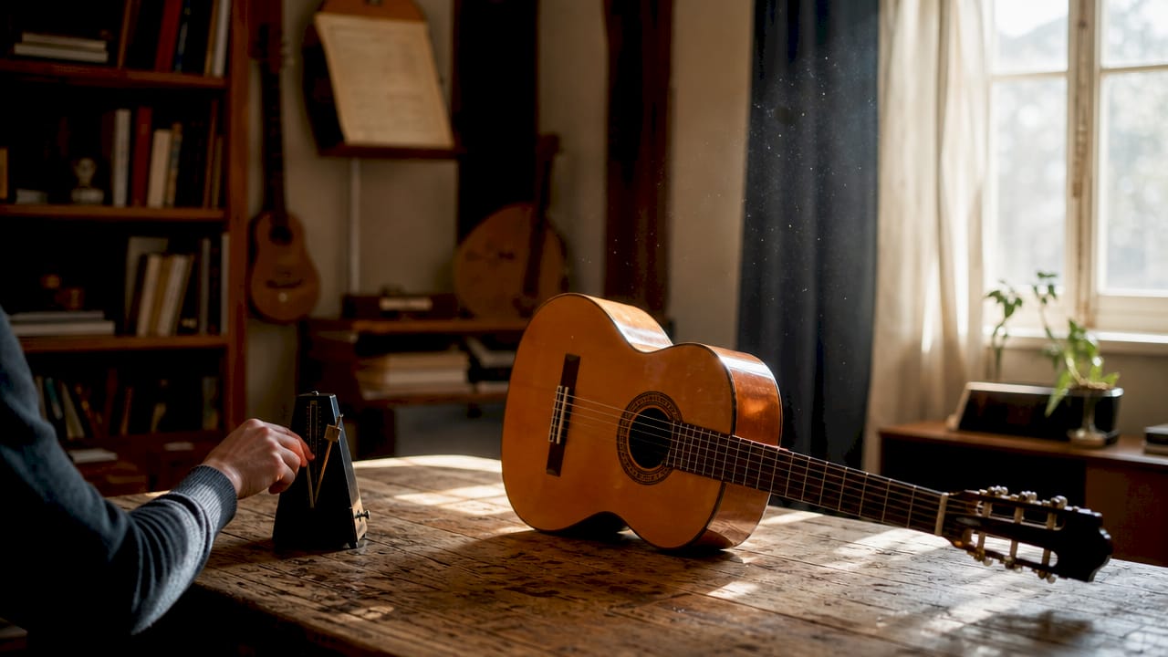 Detailaufnahme: Ein Metronom und eine Flamenco-Gitarre stehen auf einem Holztisch.