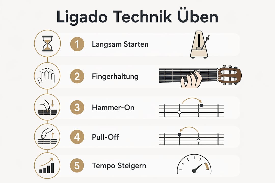 Anschauliche Infografik mit einer leicht verständlichen Schritt-für-Schritt-Anleitung zum Üben von Ligado