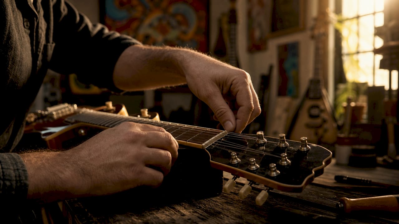 Hände stellen die Mechanik einer nachgebauten Gitarre präzise ein.