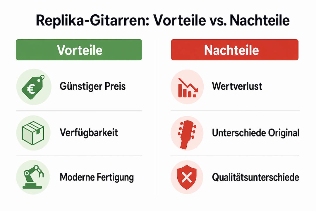 Grafik: Pro und Contra von Nachbau-Gitarren auf einen Blick
