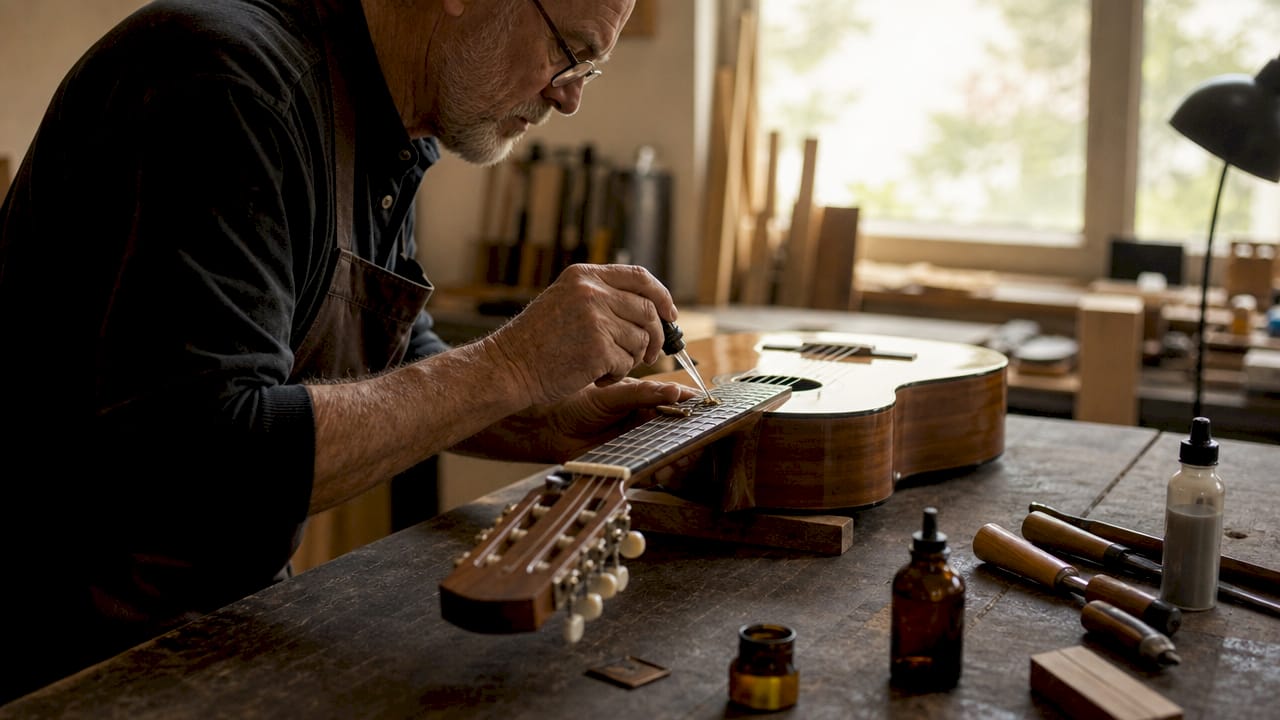 Mit geübten Händen wird das Griffbrett einer alten Gitarre sorgfältig mit Pflegeöl behandelt.