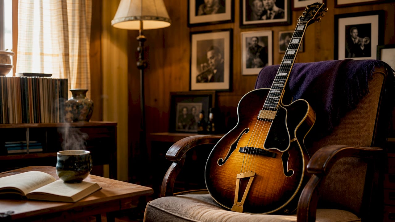 Single-cutaway jazz guitar on wooden stand