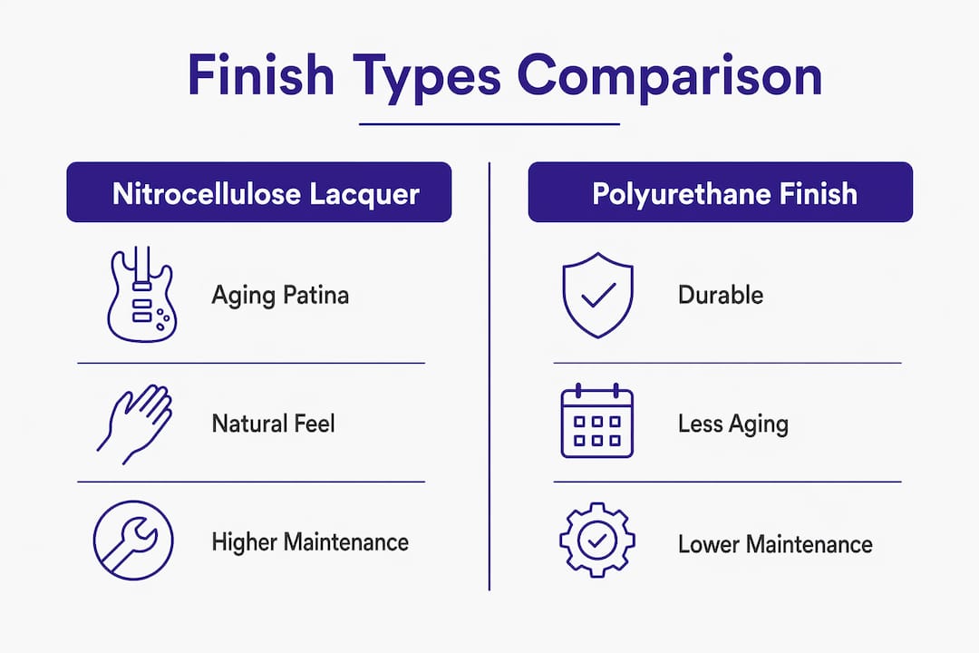 Infographic comparing nitrocellulose and polyurethane guitar finishes