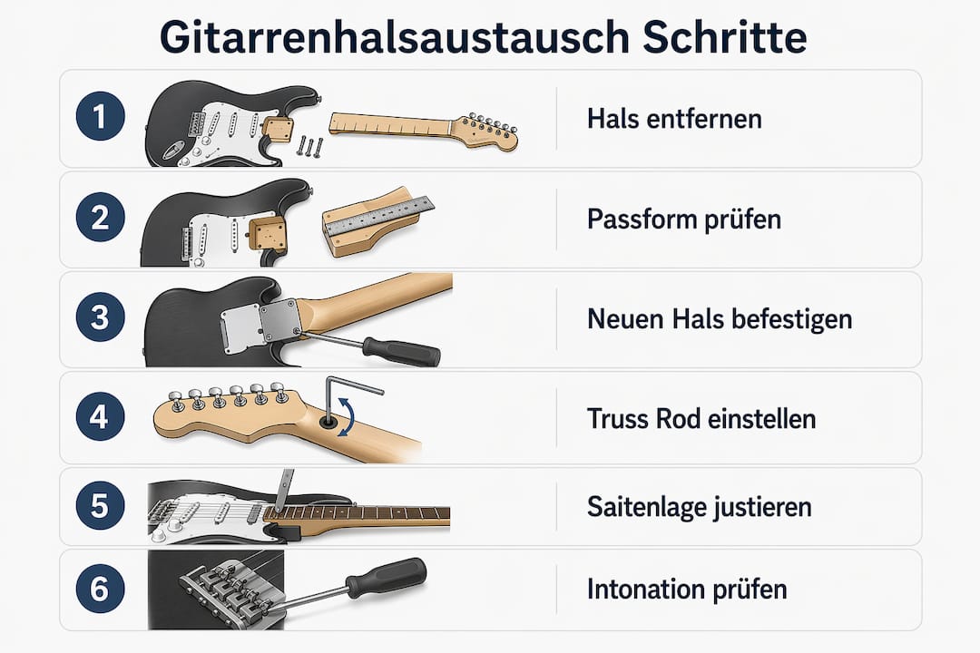 Übersicht: Sechs Schritte zum erfolgreichen Austausch des Gitarrenhalses – anschaulich erklärt in einer Infografik