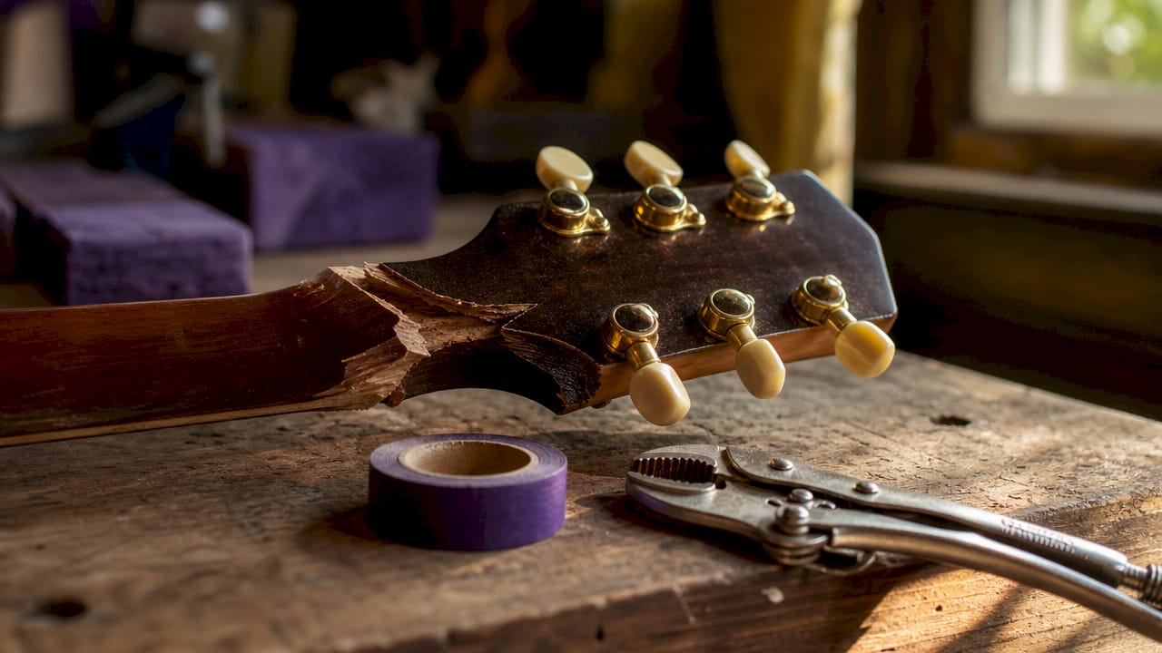 Close-up of cracked guitar headstock and repair tools