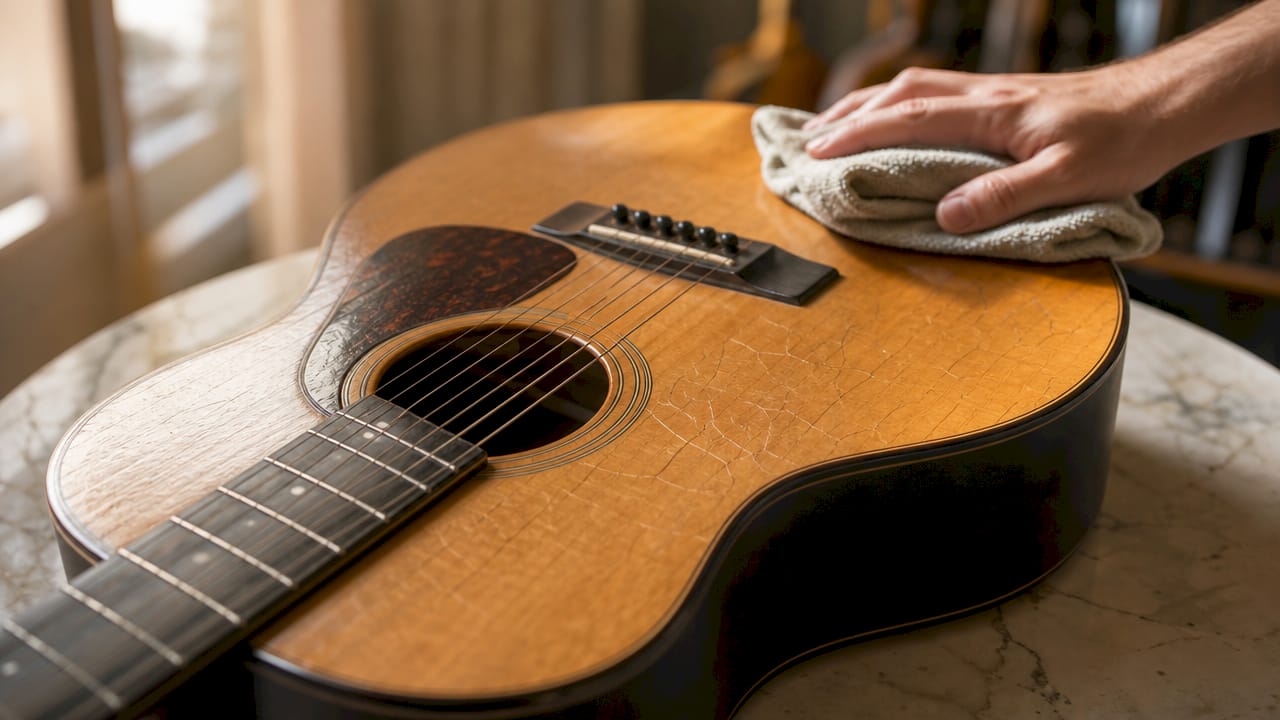 Detailaufnahme: feine Haarrisse in der Decke einer Gitarre deutlich sichtbar.