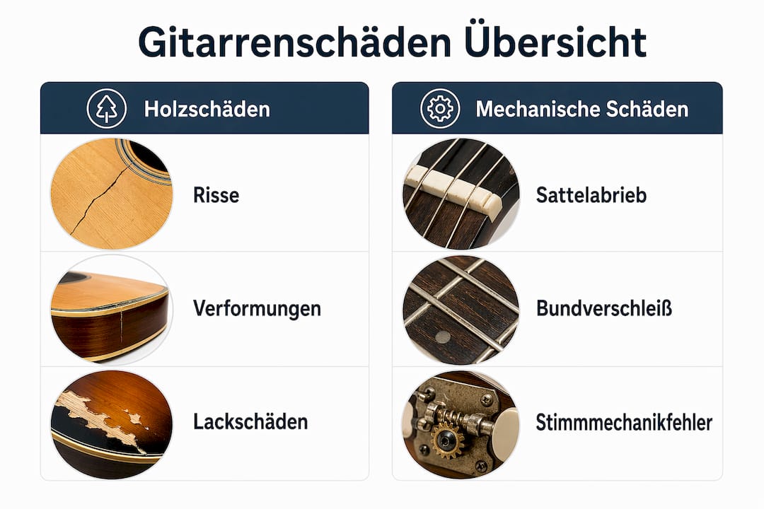 Grafik mit einer Übersicht typischer Schäden an Gitarren