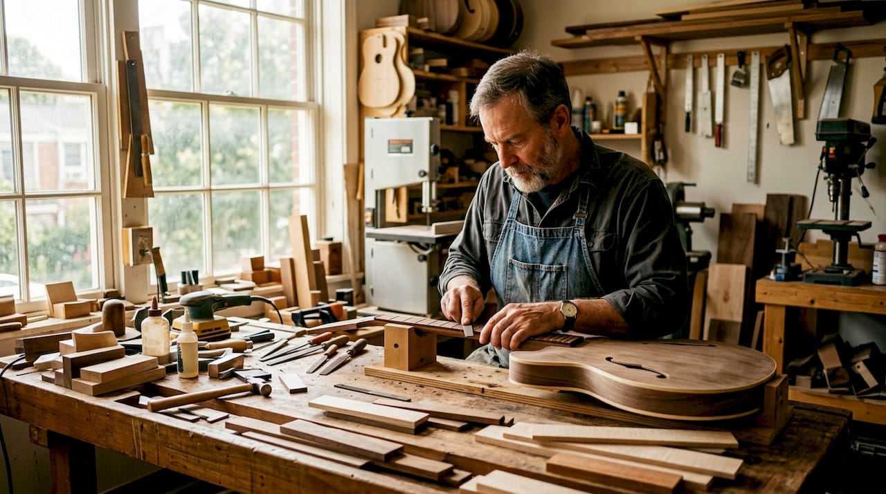 Handarbeit am Palisander-Griffbrett einer Semi-Hollow-Gitarre