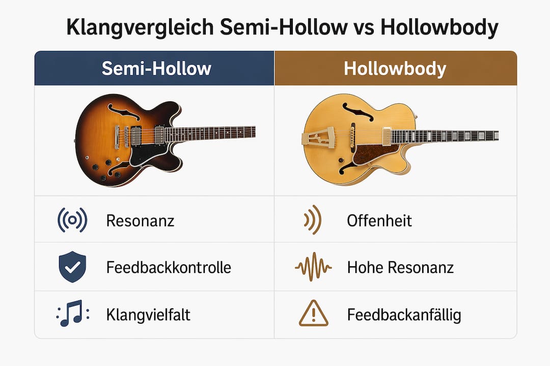 Grafik: Klangunterschiede zwischen Semi-Hollow- und Hollowbody-Gitarren auf einen Blick