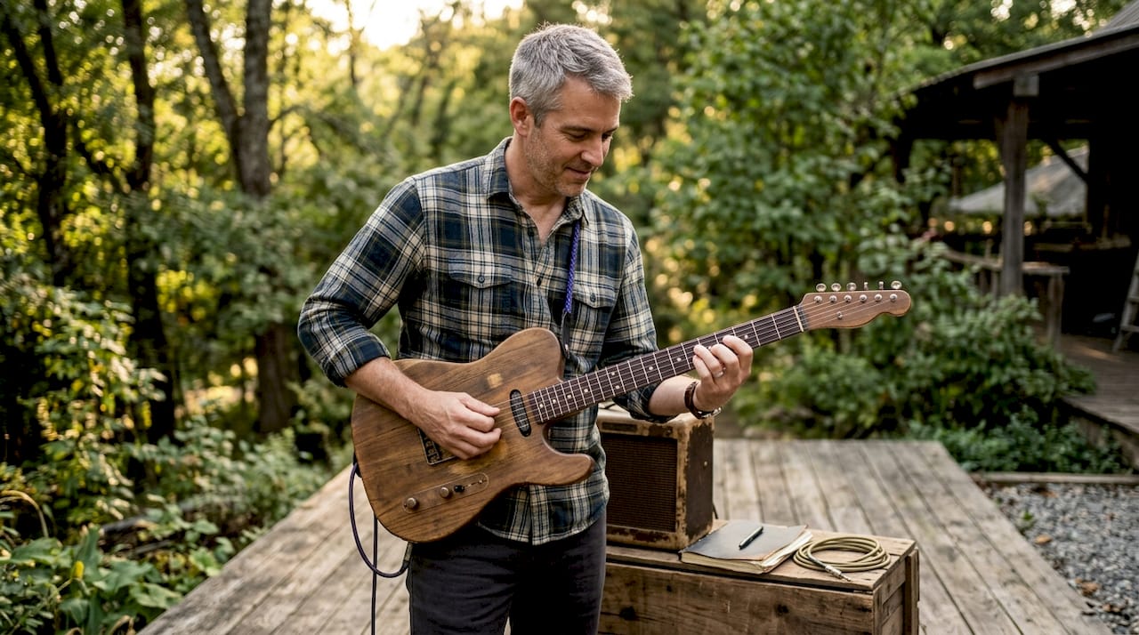 Guitar player demoing custom instrument