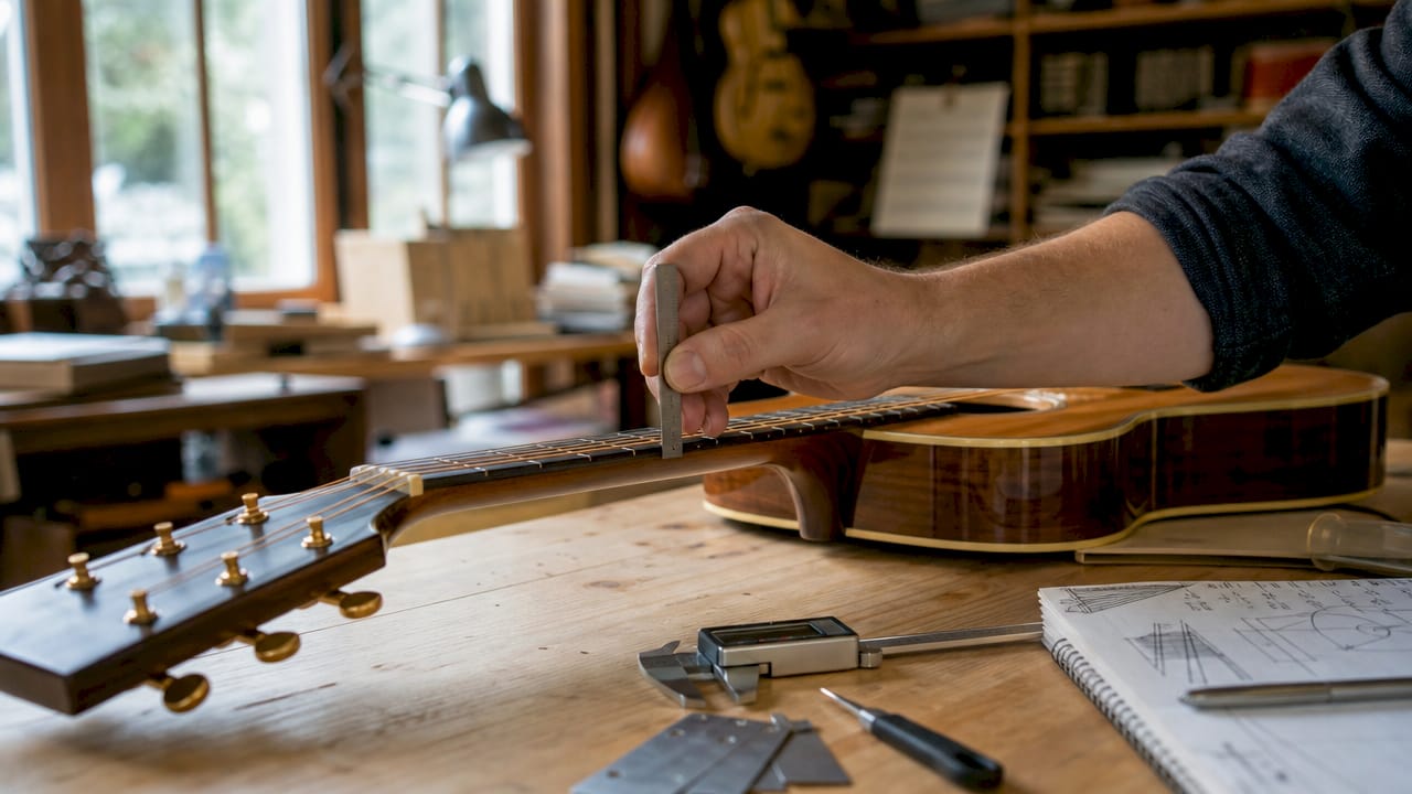 Mit einer Fühlerlehre kontrolliert jemand die Höhe des Gitarrensattels per Hand.
