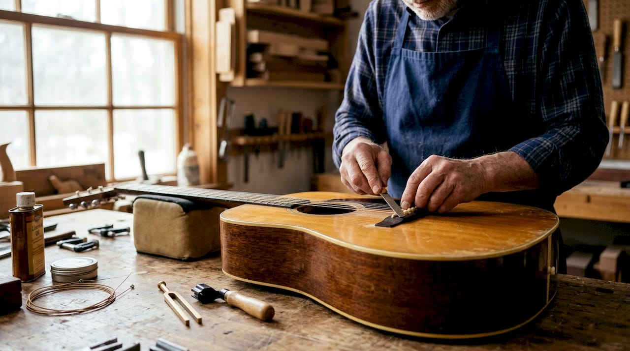 Hands performing guitar setup at workbench
