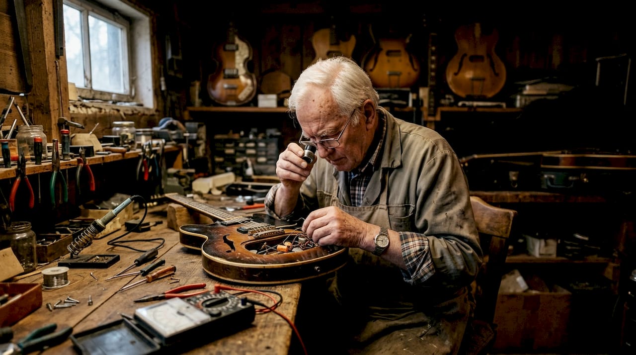 Ein Fachmann bringt die Elektronik einer alten Gitarre wieder auf Vordermann.