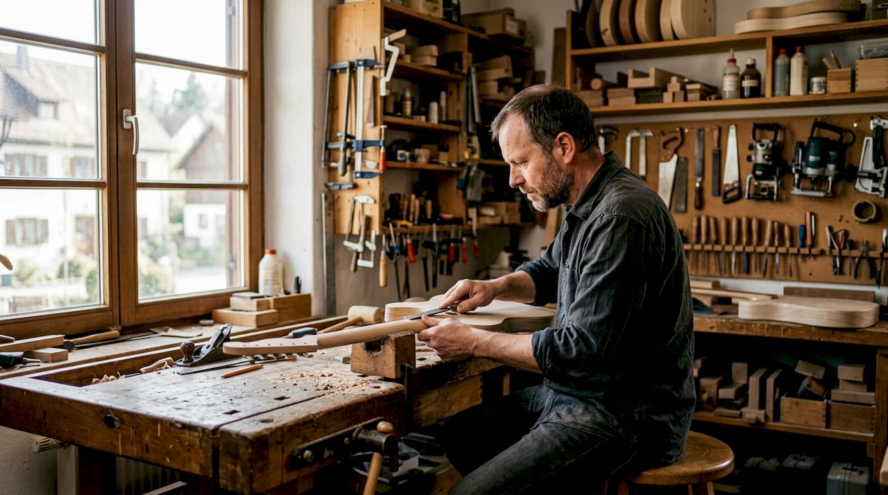 Mit geschickten Händen wird im Handwerksbetrieb ein Gitarrenhals geformt.