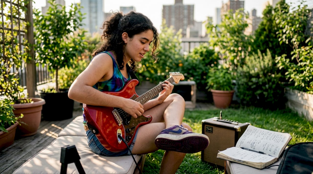 Young female guitar player practicing fast picking