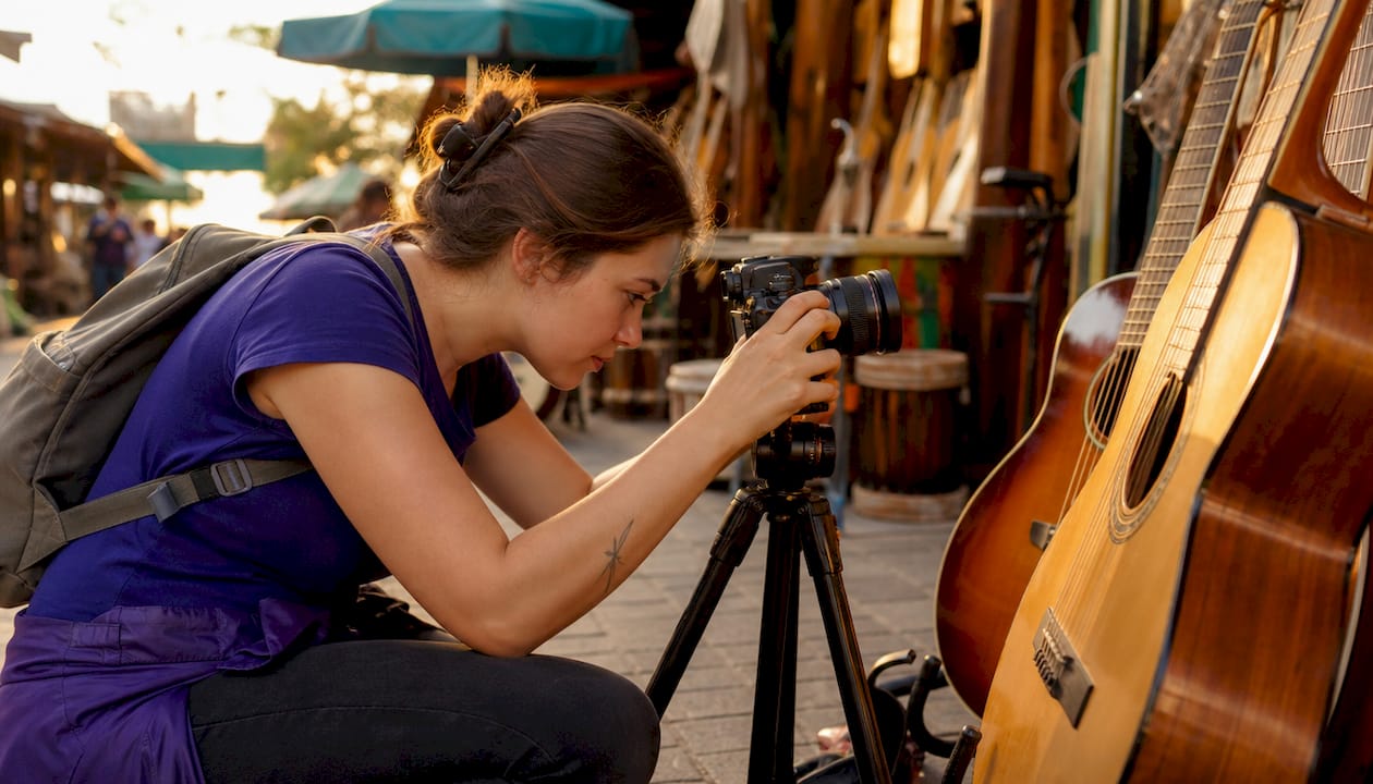 Woman photographing guitar serial number in home office