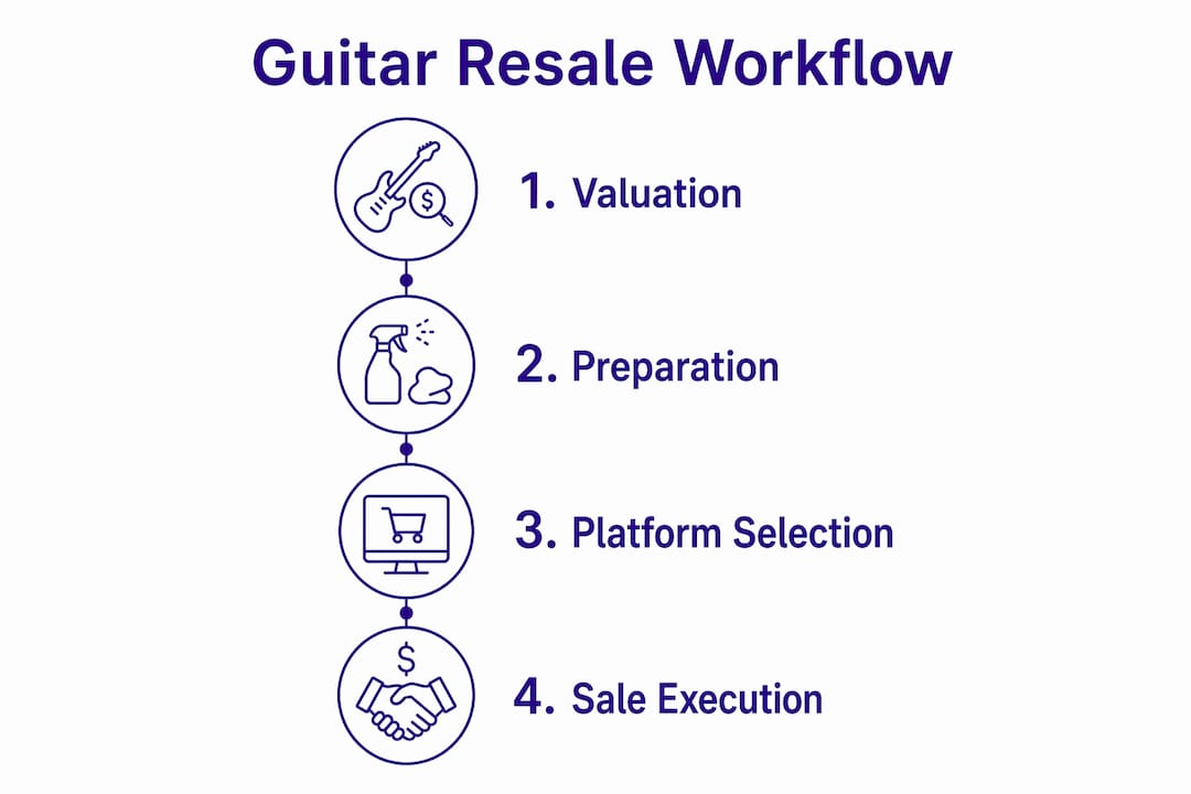 Infographic showing steps in guitar resale workflow
