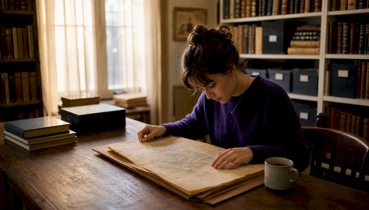 Hands using microfilm reader in archive