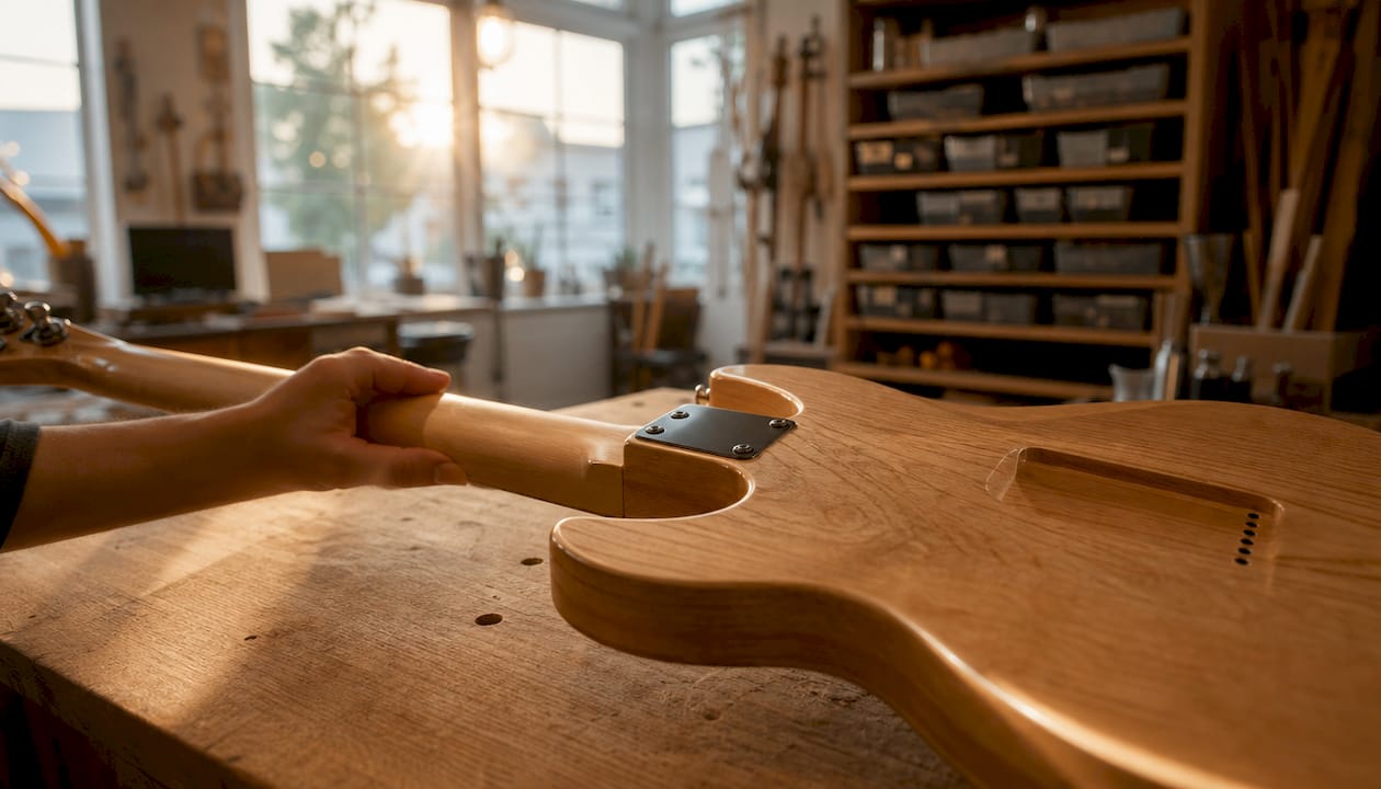 Detailaufnahme der Verbindung zwischen Hals und Korpus einer Gitarre in der Werkstatt