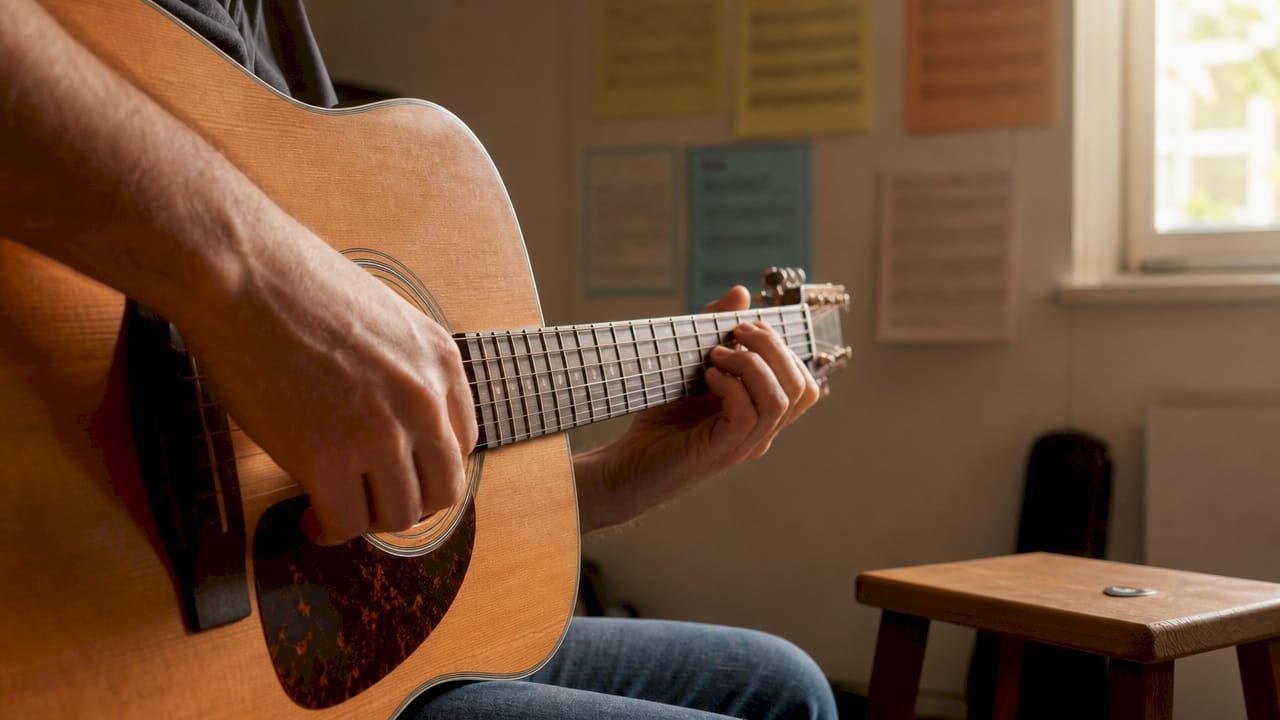 Detailaufnahme: Hände zupfen die Saiten einer Akustikgitarre.