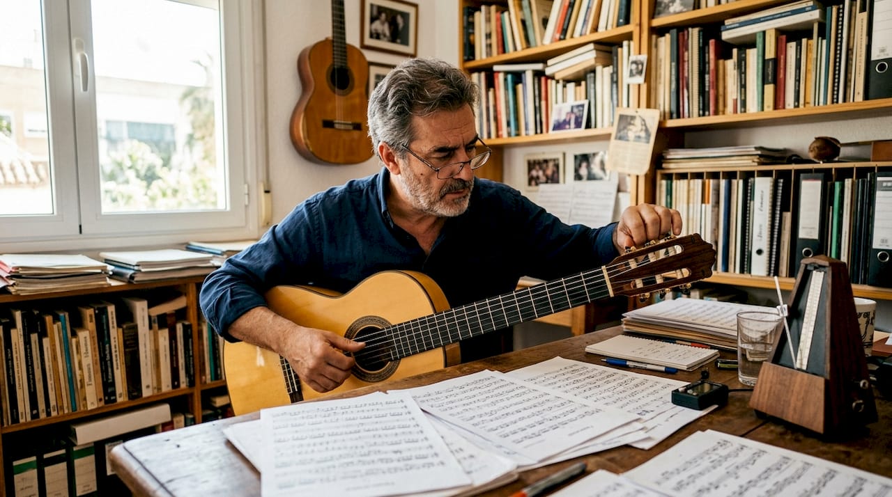 Während des Workshops bringt der Gitarrist seine Flamenco-Gitarre in Stimmung.