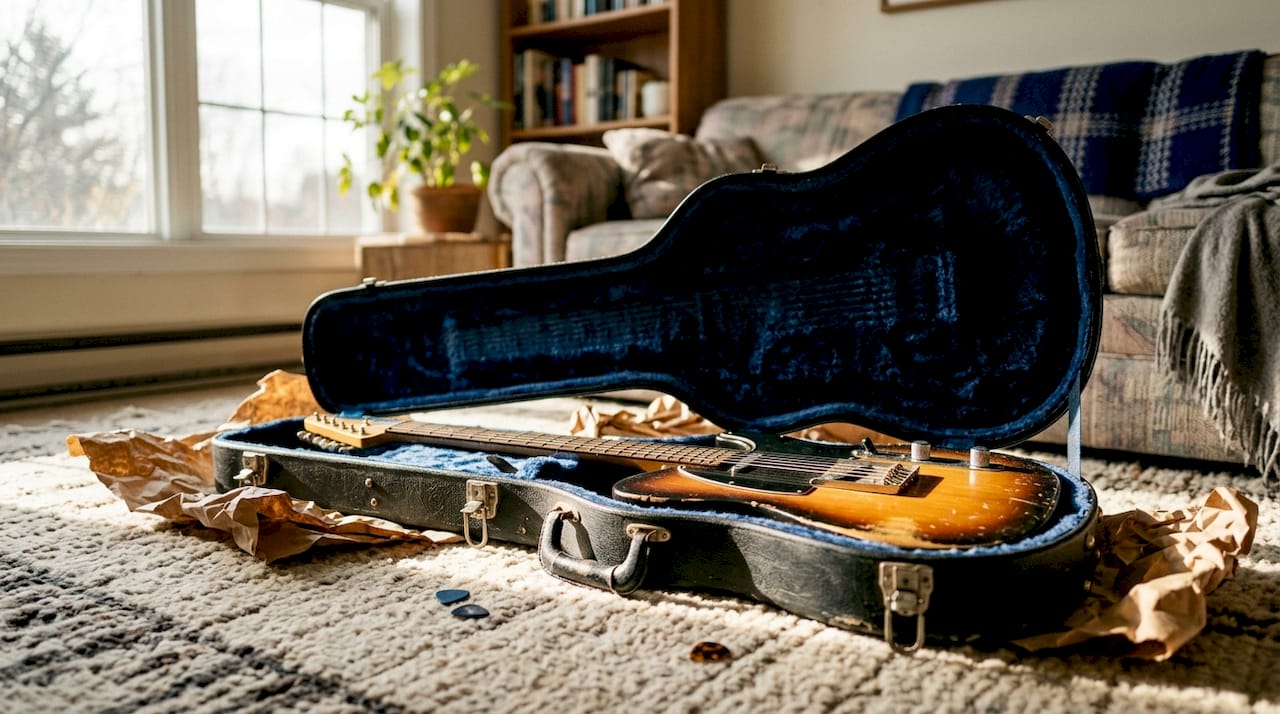Open hardshell guitar case with packing cushioning