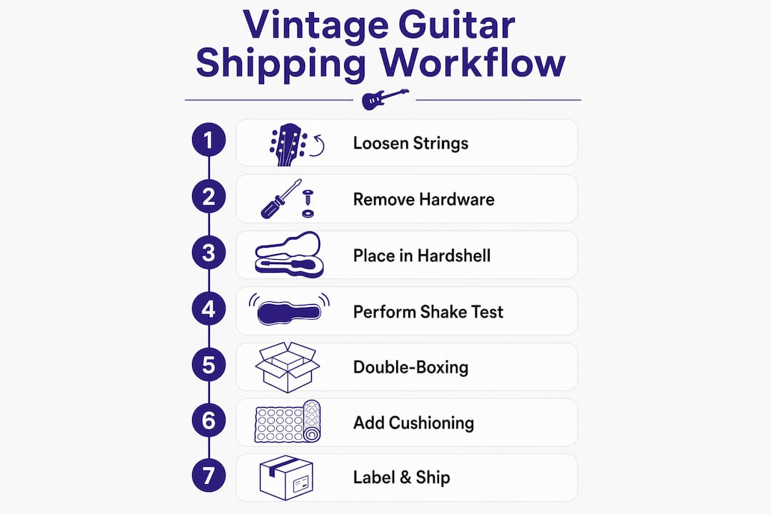 Infographic showing steps to ship vintage guitar safely