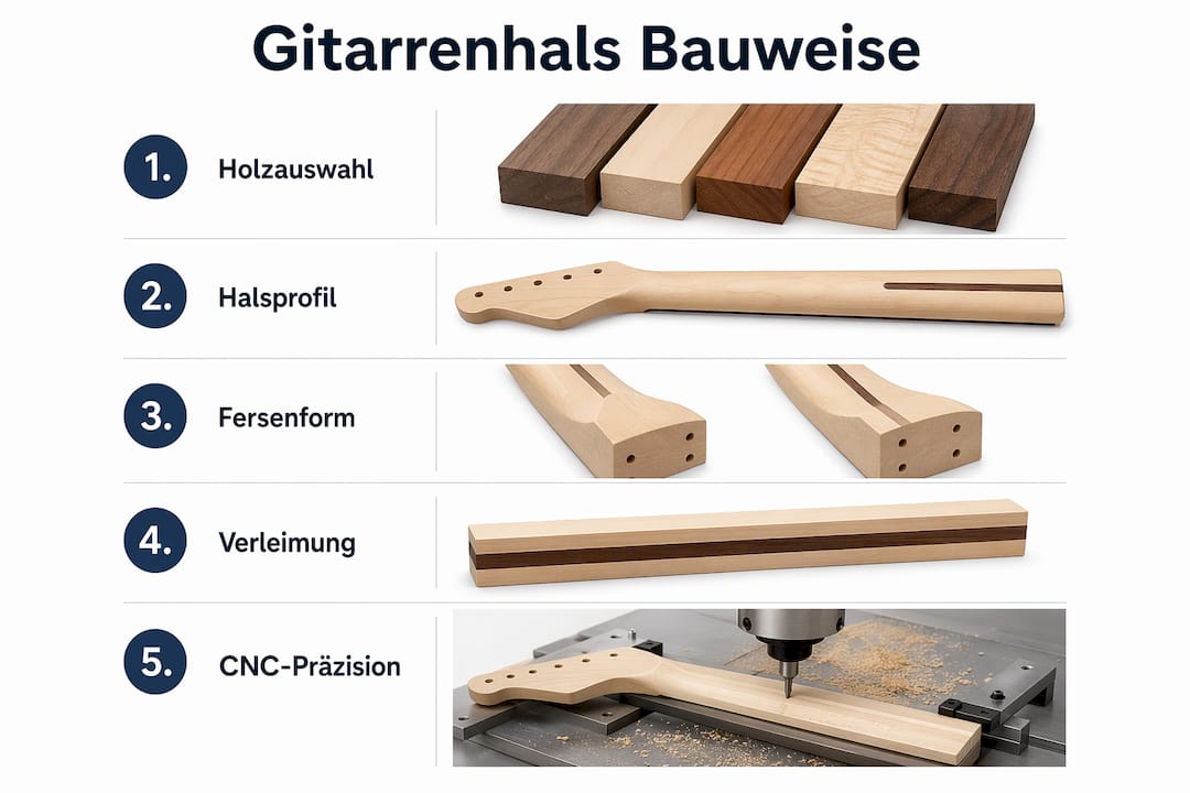 Eine anschauliche Infografik veranschaulicht die einzelnen Arbeitsschritte beim Bau eines Gitarrenhalses und hebt wichtige Besonderheiten hervor.