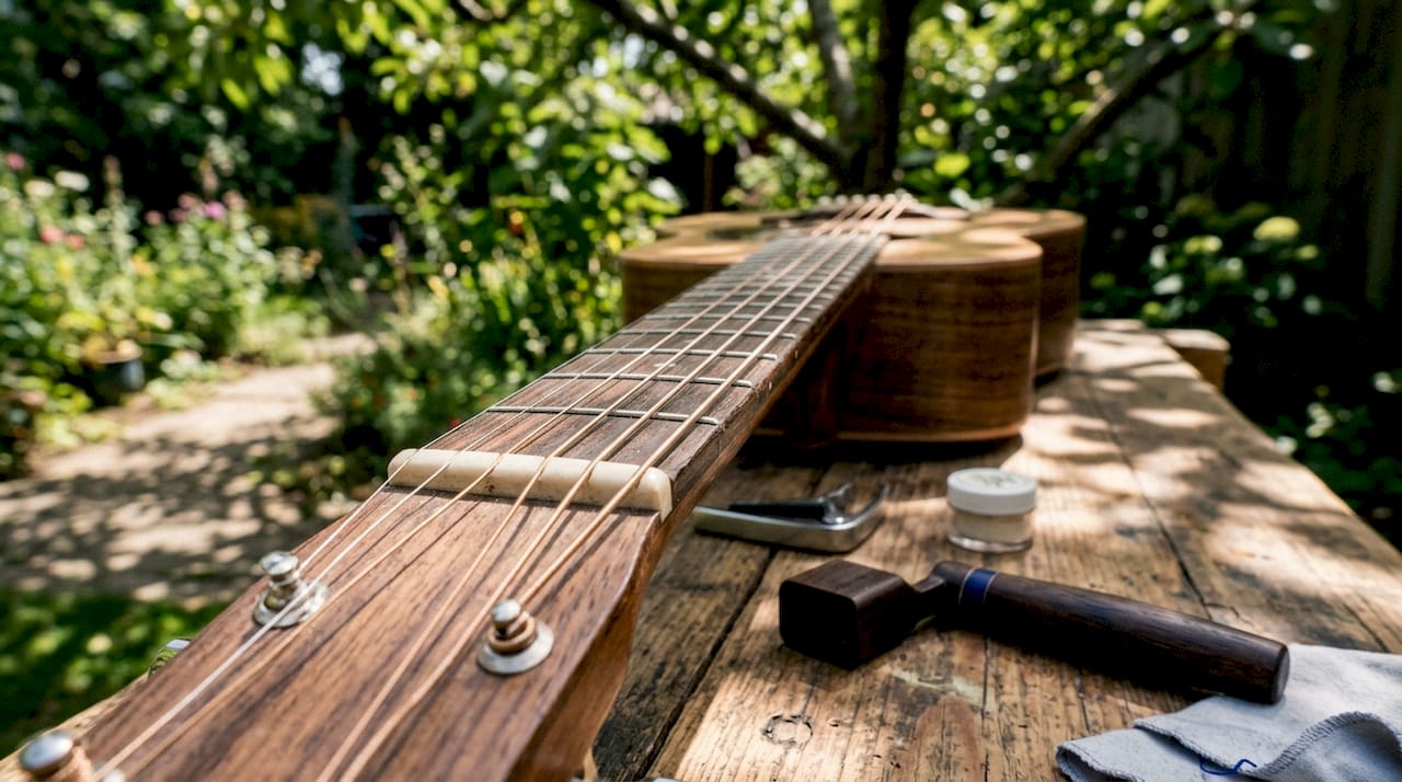 Close-up of guitar fretboard and strings gap
