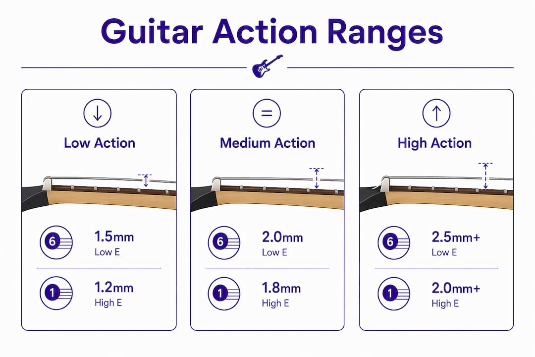 Infographic comparing low, medium, and high guitar string action measurements
