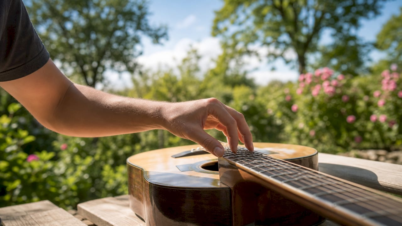 Der Gitarrist lässt am zwölften Bund einen Flageolett-Ton erklingen.